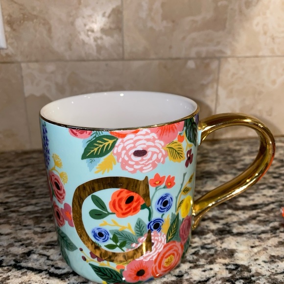 Anthropologie Initial “C” Mug Rifle Paper Co Floral Gold Trim 16 oz - Picture 2 of 6